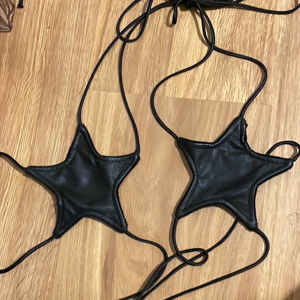 Black leather star strappy bra top